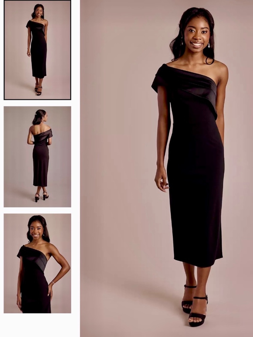 Black One-Shoulder Satin and Crepe Midi Sheath Dress